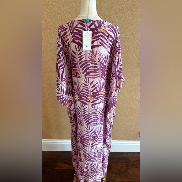 Taj by Sabrina Crippa Beautiful Beaded Lilac Palm Leaf Silk Kaftan -NWT - Picture 4 of 16